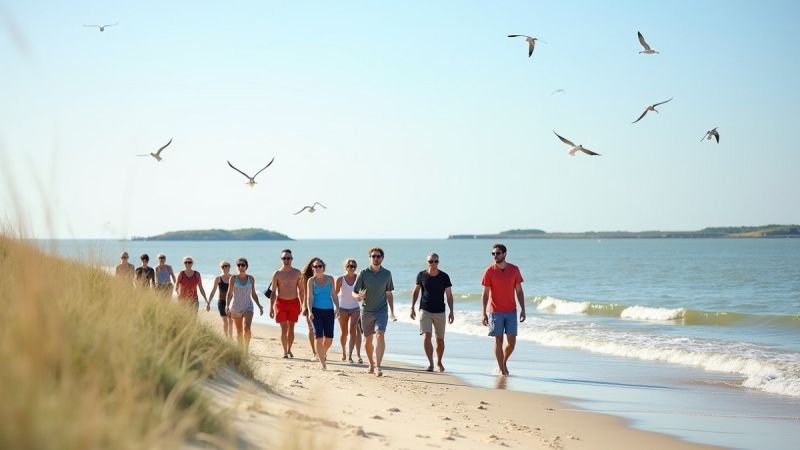 reisegruppe beim strandspaziergang